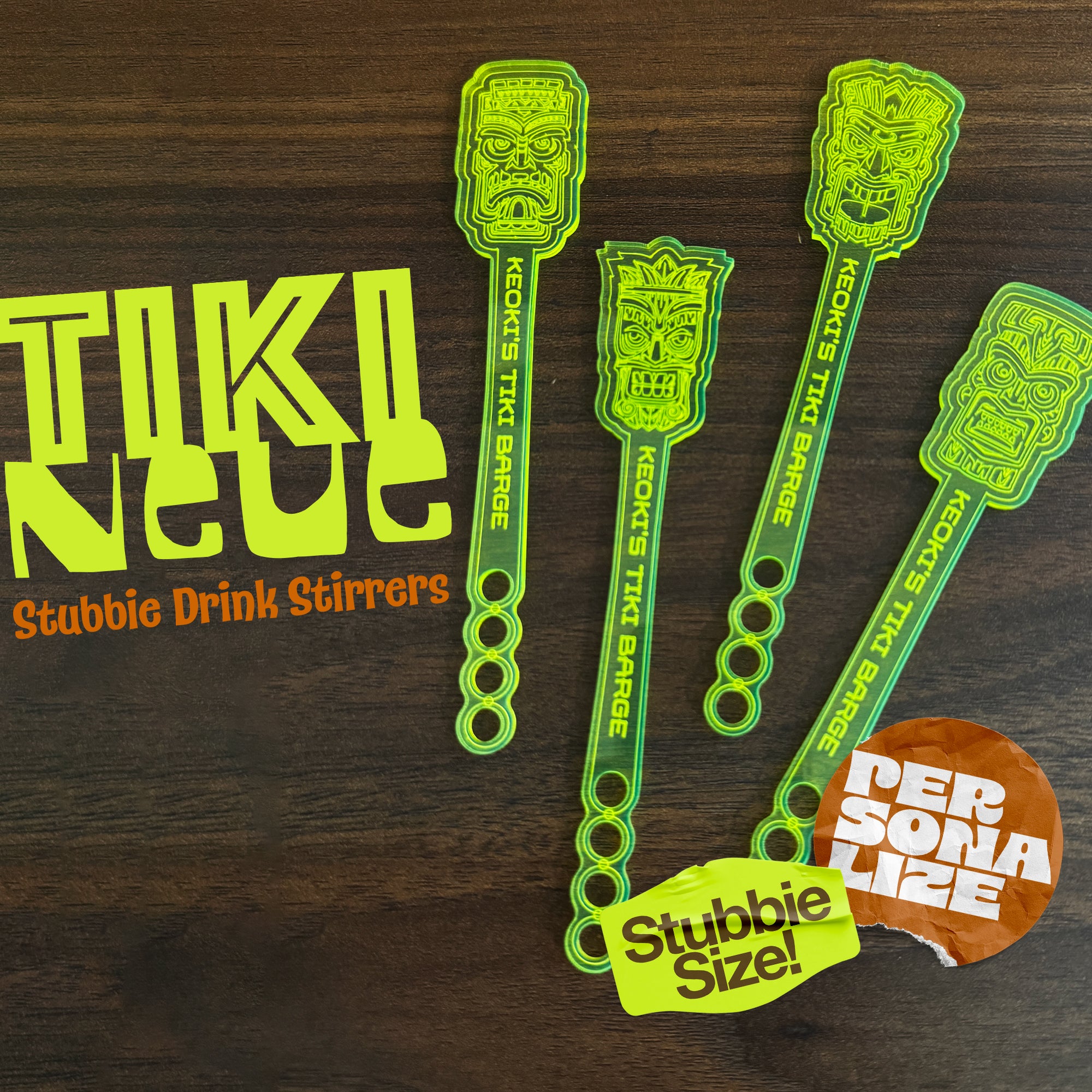 Tiki Neue Stubbie Drink Stirrers Cover image with branding and 4 swizzle sticks and 2 badges reading 'Stubbie size' and 'personalize'