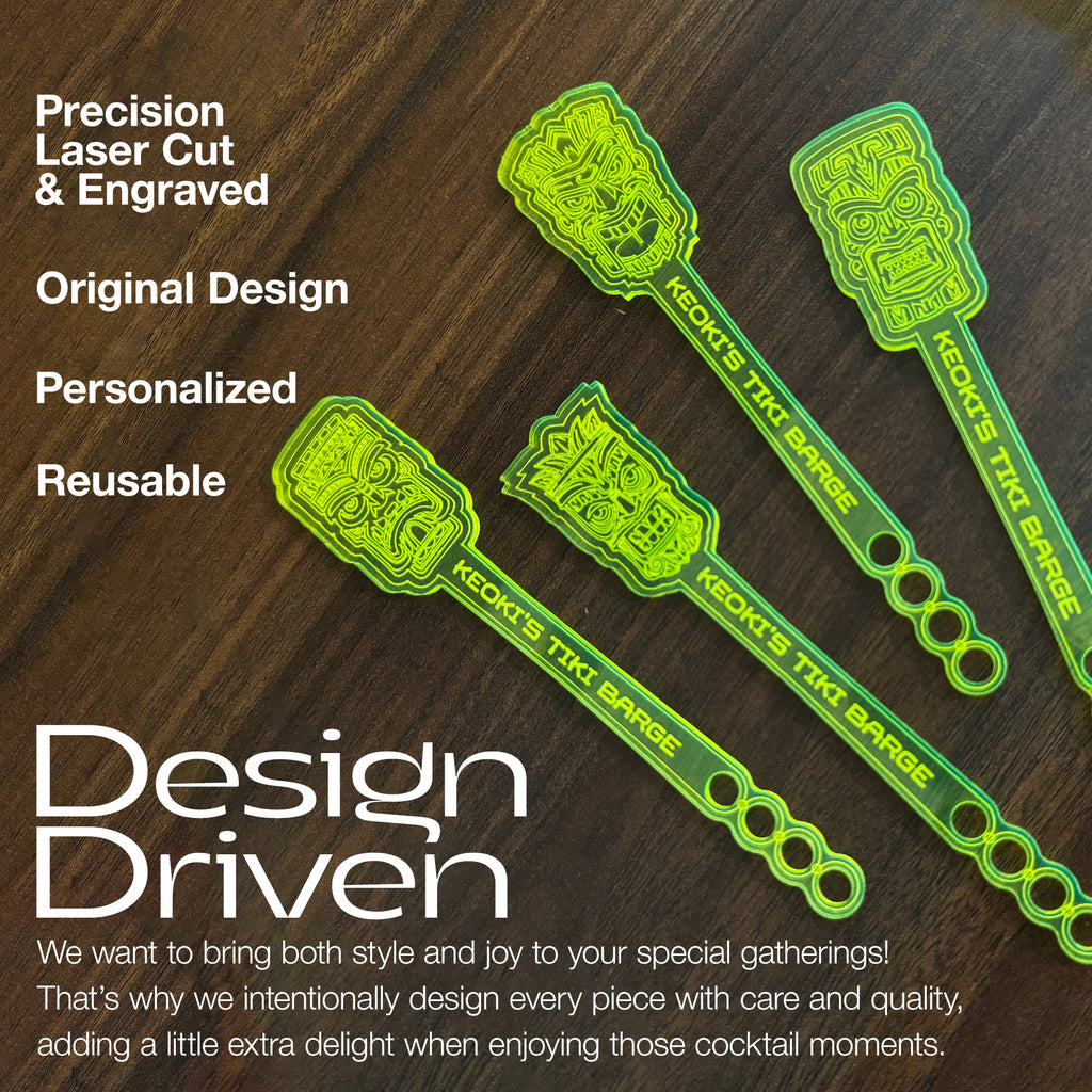 Four Tiki Neue Stubbie Drink Stirrers arranged diagonally on a dark wood background, with promotional text overlays.