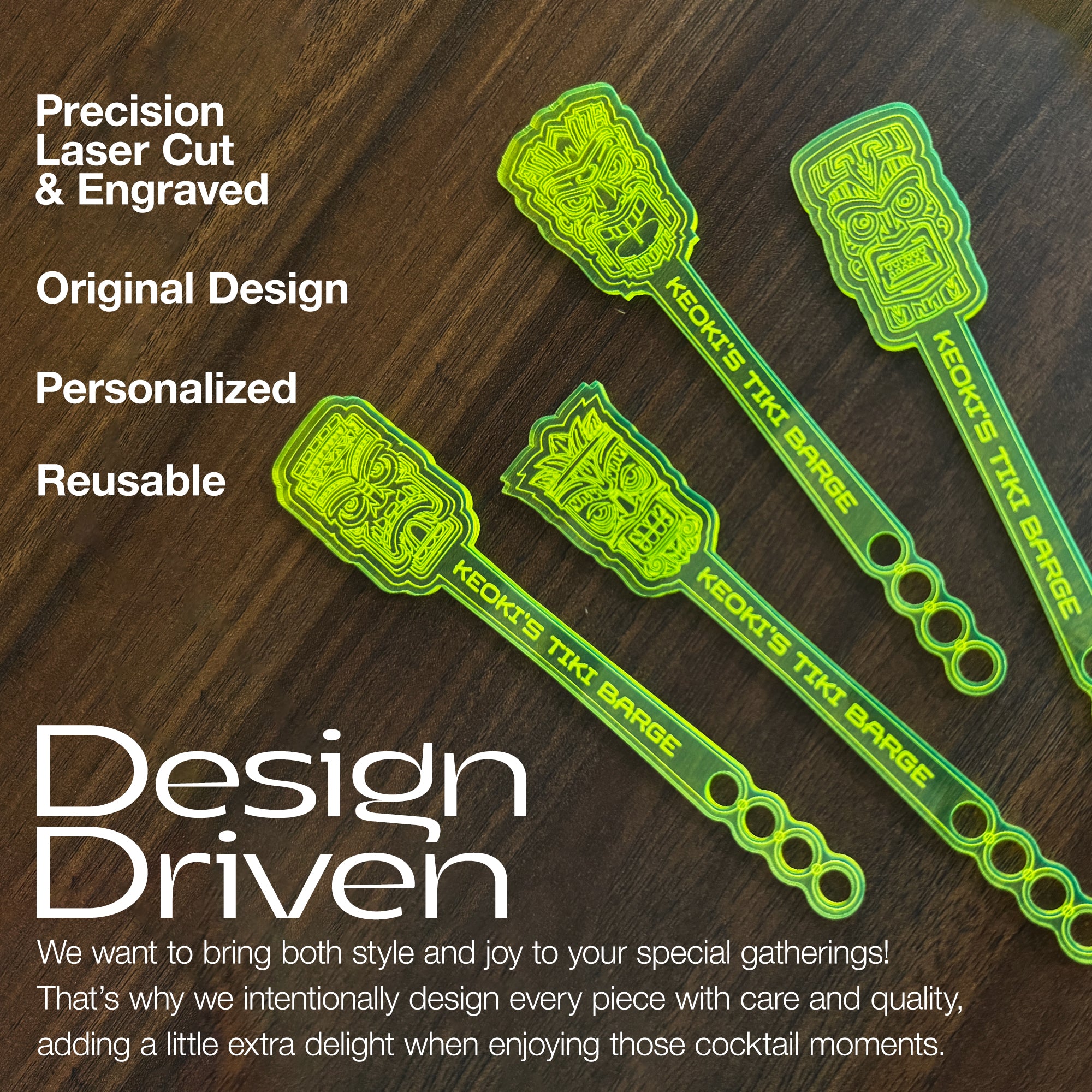 Four Tiki Neue Stubbie Drink Stirrers arranged diagonally on a dark wood background, with promotional text overlays.