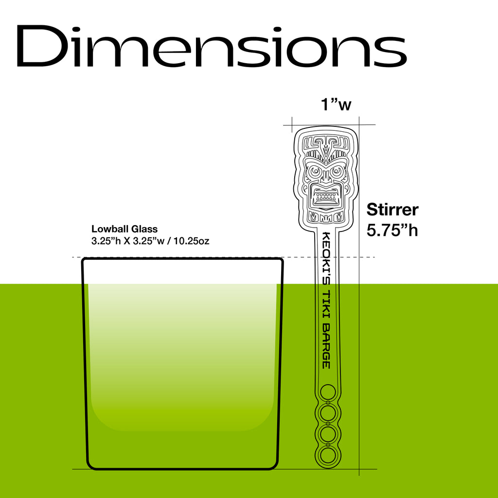 A dimension diagram showing the measurements of a Tiki Neue Stubbie Drink Stirrer and a lowball glass. The stirrer is labeled as 1" wide by 5.75".