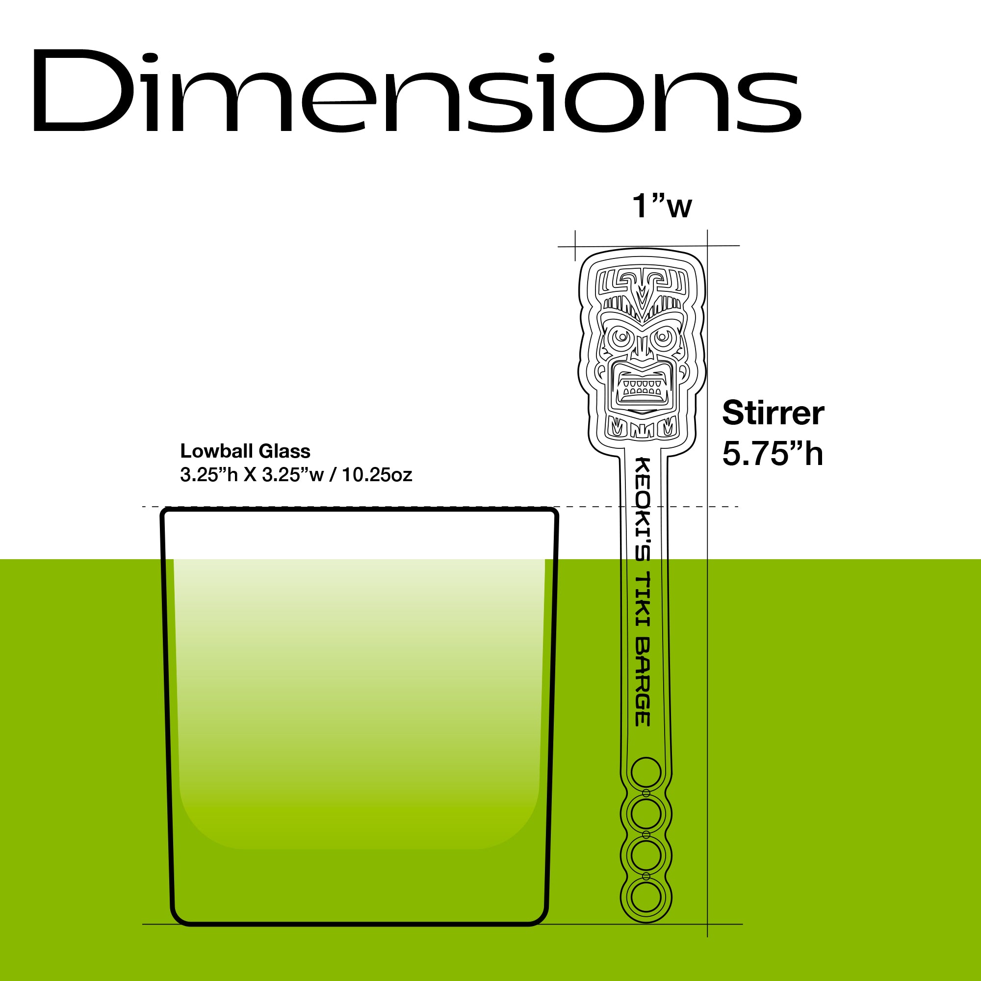 A dimension diagram showing the measurements of a Tiki Neue Stubbie Drink Stirrer and a lowball glass. The stirrer is labeled as 1" wide by 5.75".