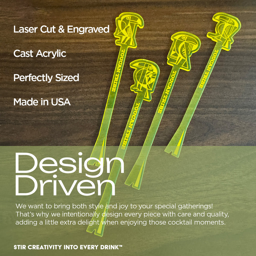 Four neon yellow-green acrylic cocktail drink stirrer sticks with Toucan logo art designs, displayed on a dark wood background with a green lower banner containing marketing text.