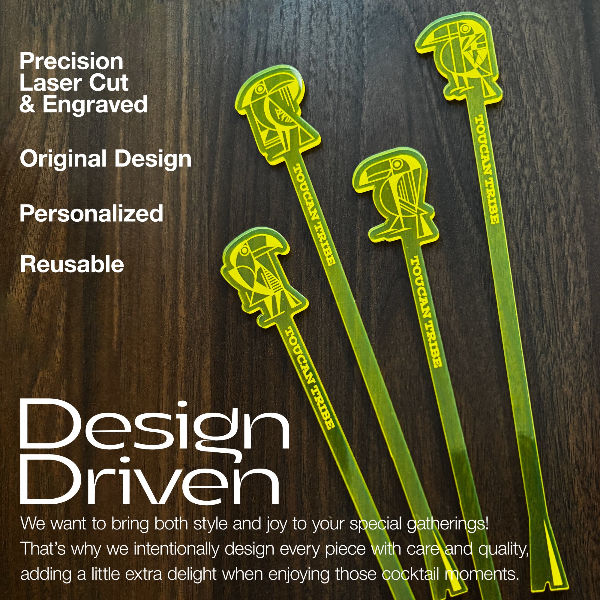 Four translucent neon yellow-green acrylic Toucan logo cocktail stir sticks with decorative Toucan tops, displayed on a dark wood background with promotional text overlays.