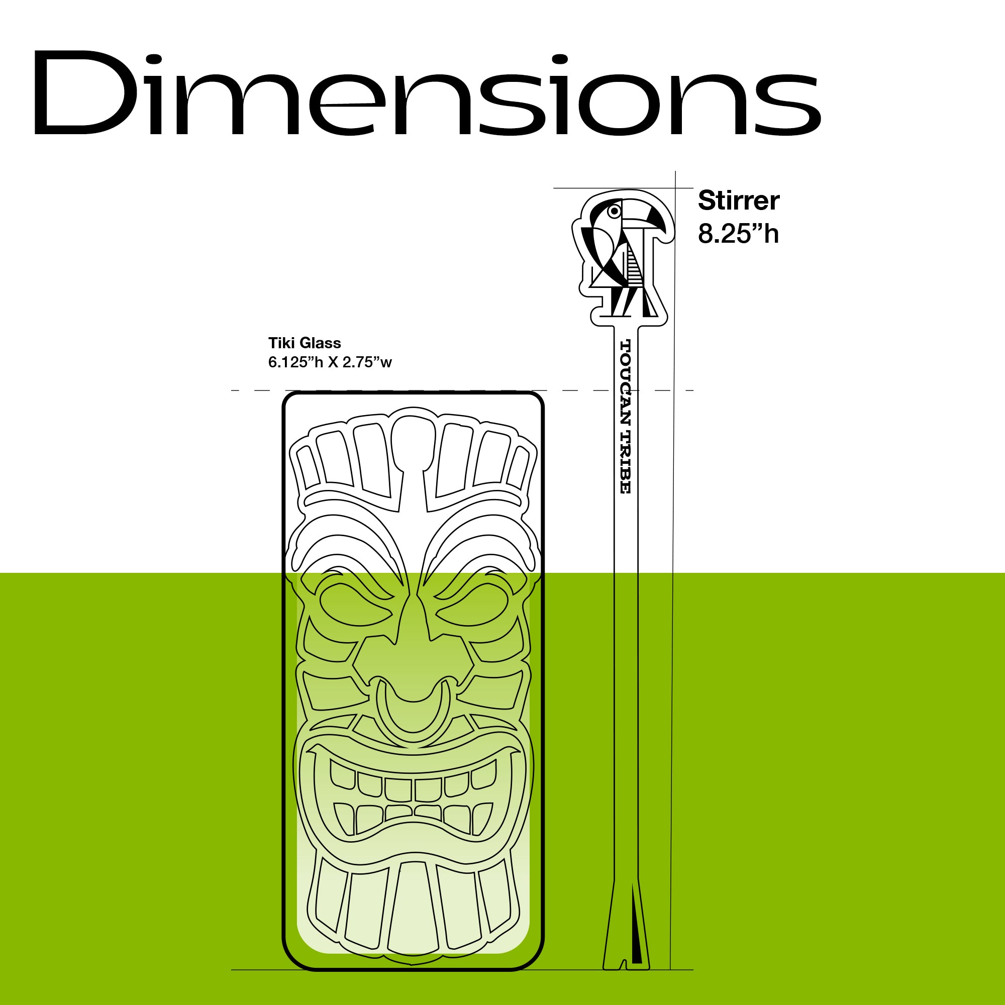 A dimension diagram showing a tiki glass and a Toucan Tribe XL Cocktail stirrer with labeled measurements on a white background with a green lower band.