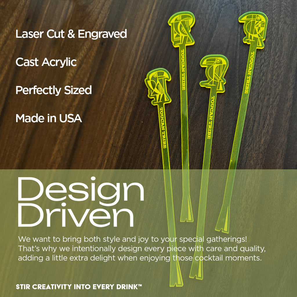 Four translucent neon yellow-green acrylic Toucan logo cocktail stir sticks with decorative Toucan tops, displayed on a dark wood background with promotional text overlays.