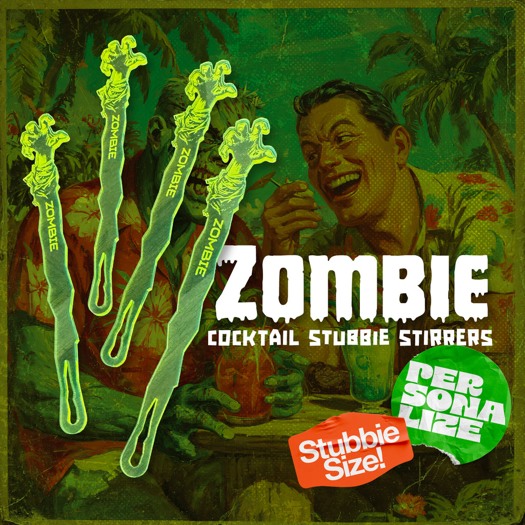 Zombie Personalized Stubbie Swizzle Sticks Cover Image with 4 custom drink stirrers and branding with 2 stickers saying "Stubbie Size" and "Personalize"