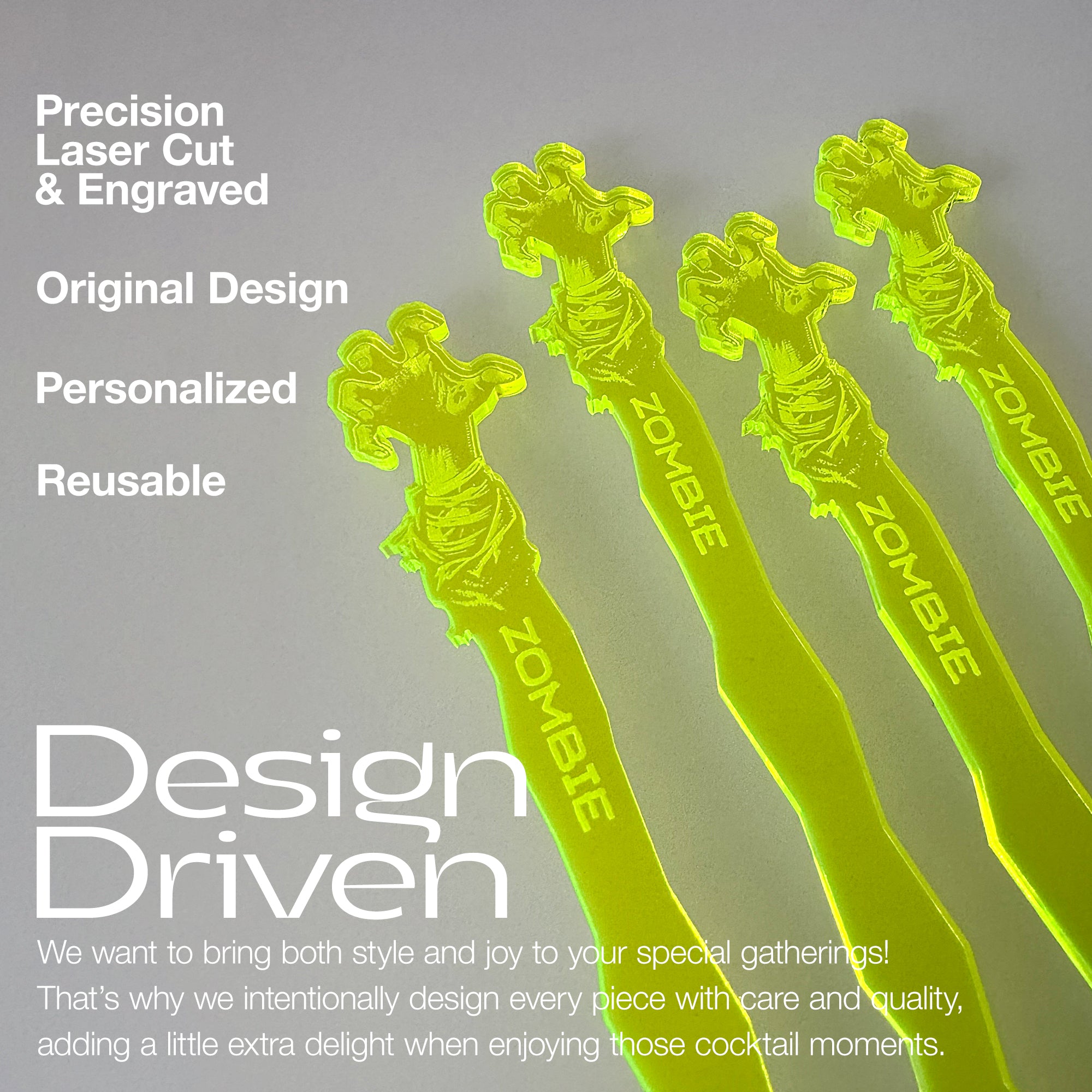 Zombie Personalized Stubbie Swizzle Sticks on a gray background with Rivers and Caves Design Driven philosophy text and details of product