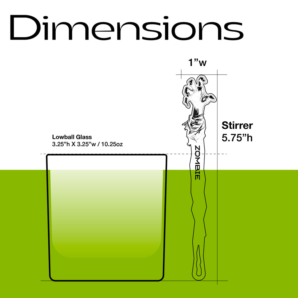 A dimension diagram showing a lowball glass and a Zombie Personalized Stubbie Swizzle Stick. The lowball glass is labeled.