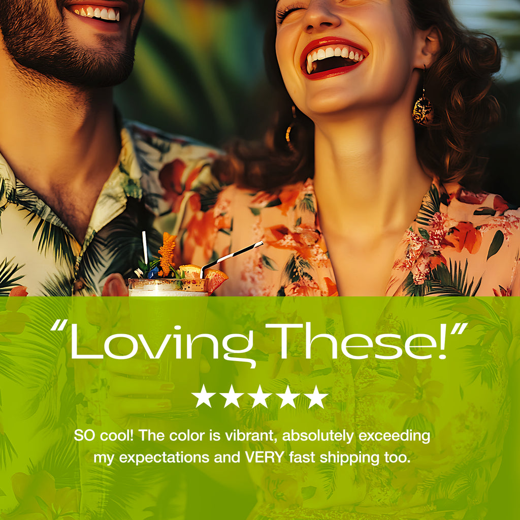 Two people in floral shirts with a green banner displaying a product review. Customer Review for Rivers and Caves
