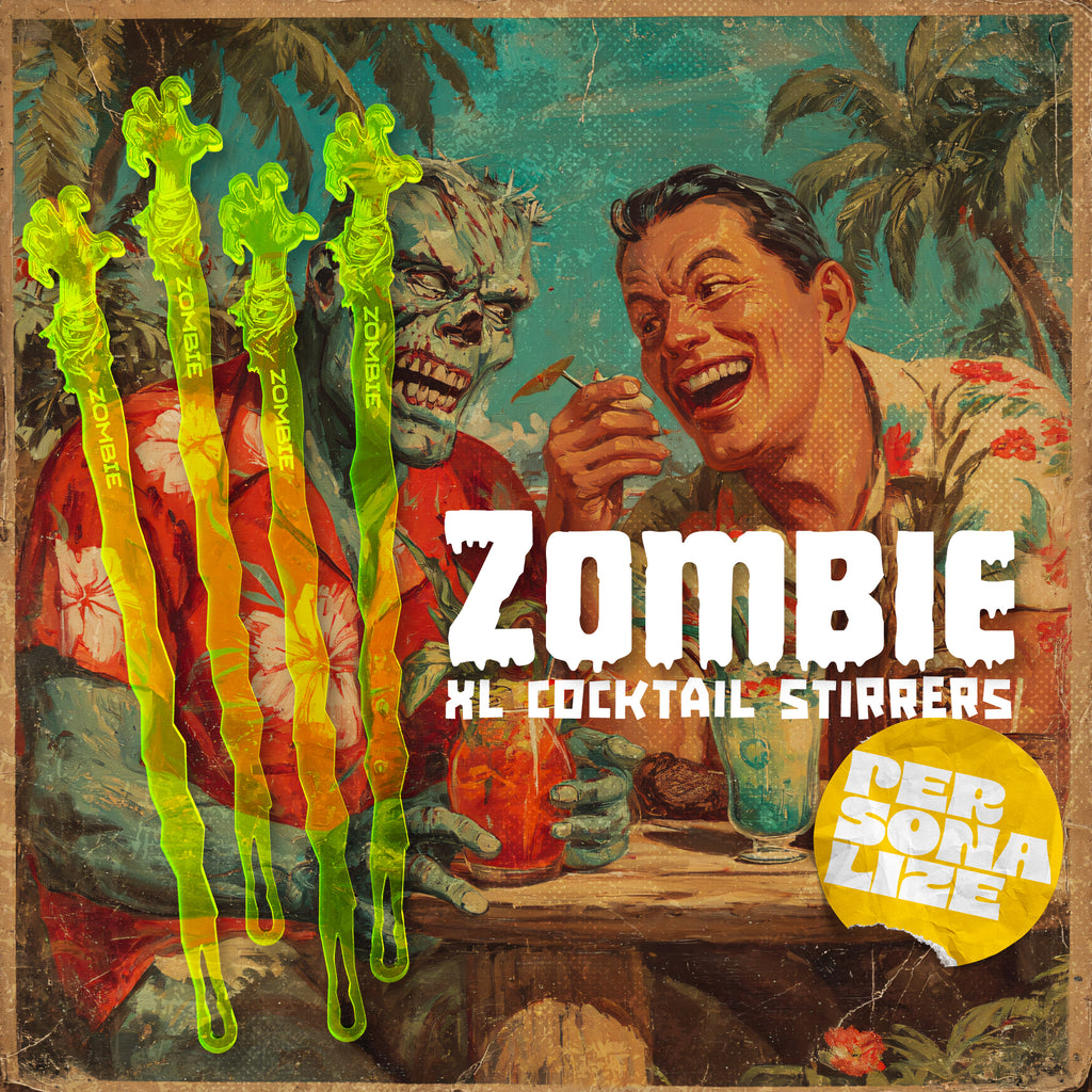 Cover Art for Zombie Personalized XL Swizzle Sticks, cocktail drink stirrers with a man and zombie at a table.