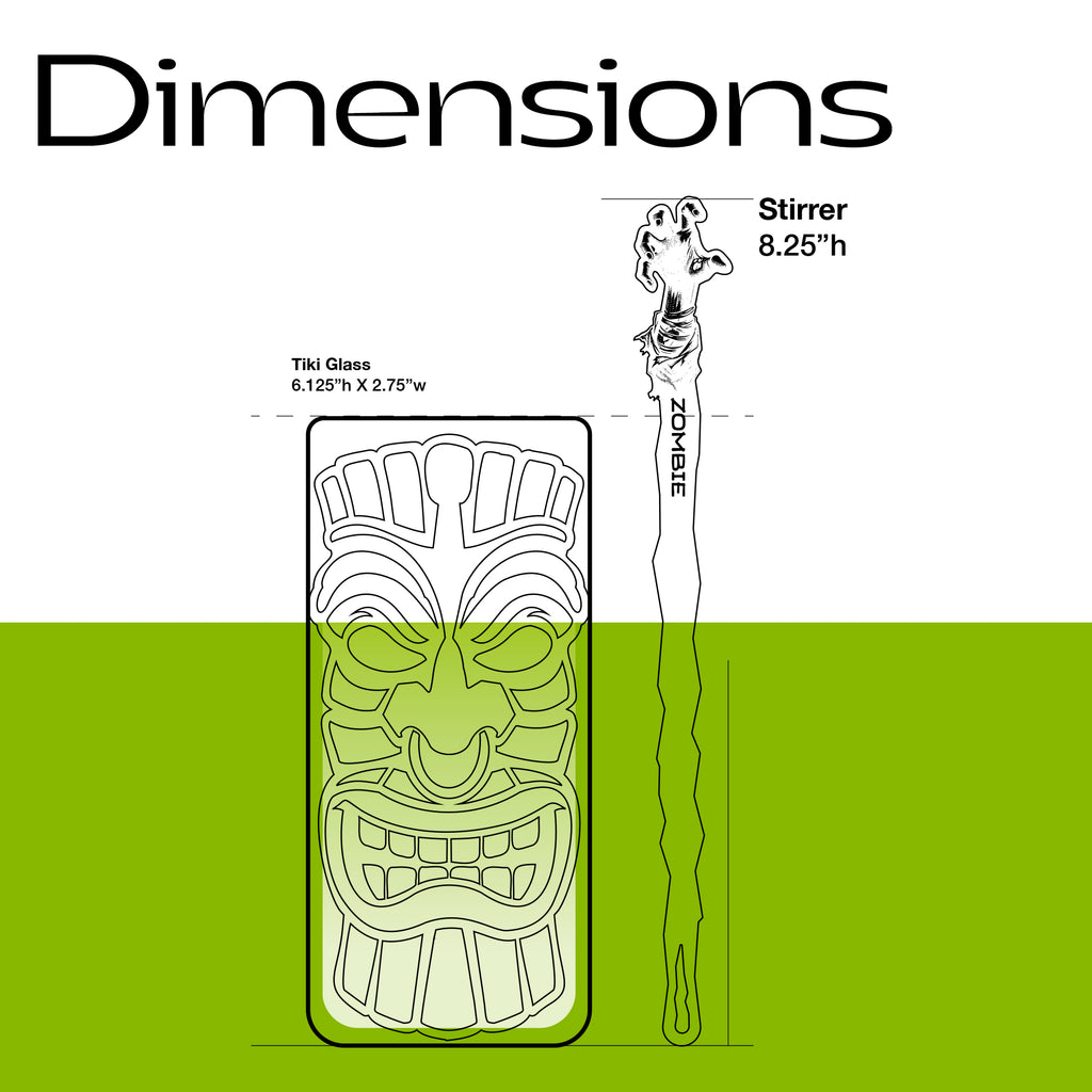 Illustration of a tiki glass and Zombie Personalized XL Swizzle Stick with dimensions on a white background