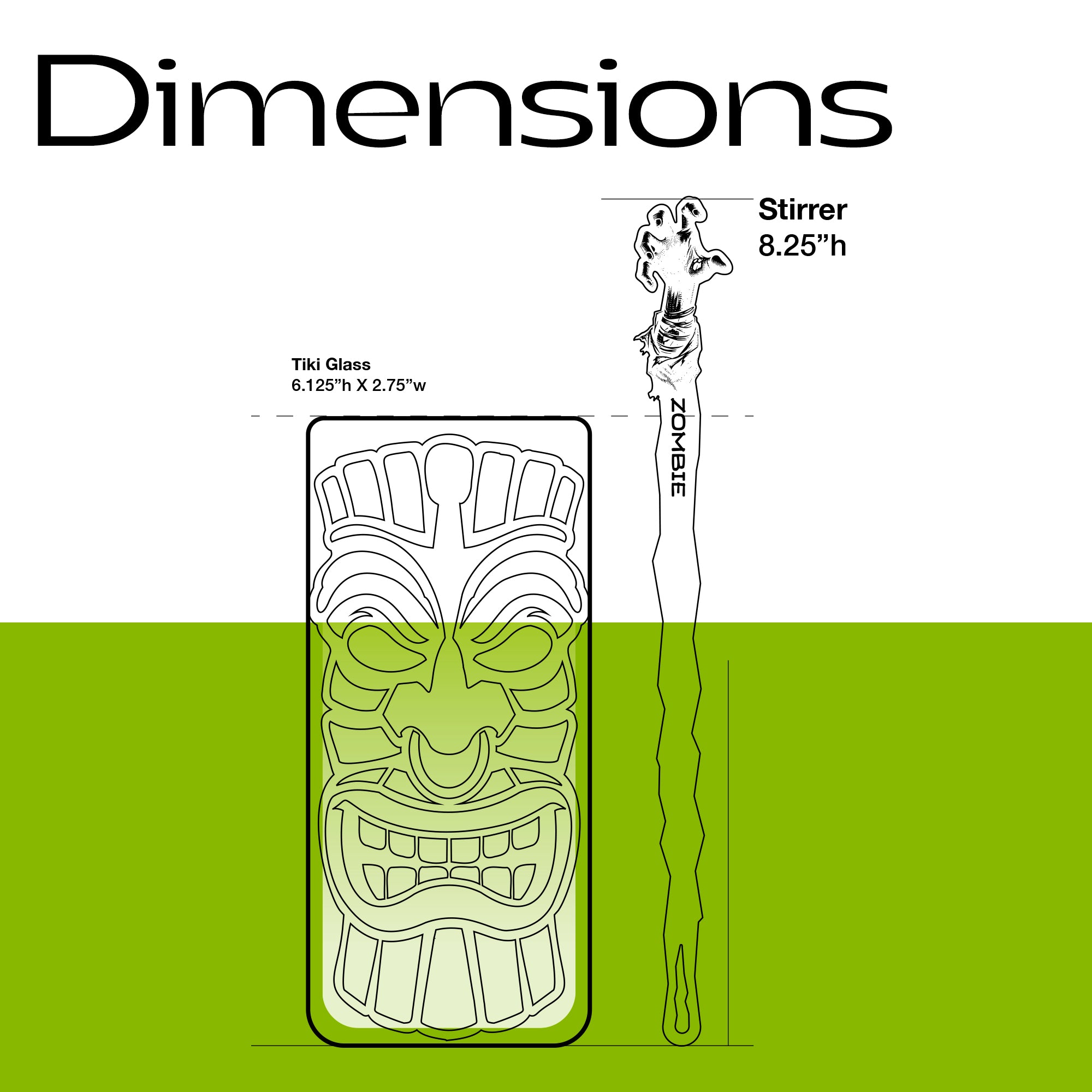Illustration of a tiki glass and Zombie Personalized XL Swizzle Stick with dimensions on a white background
