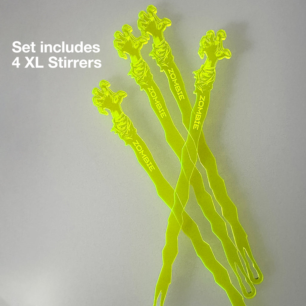 Set of four Zombie Personalized XL Swizzle Sticks with 'Zombie' branding on a gray background.