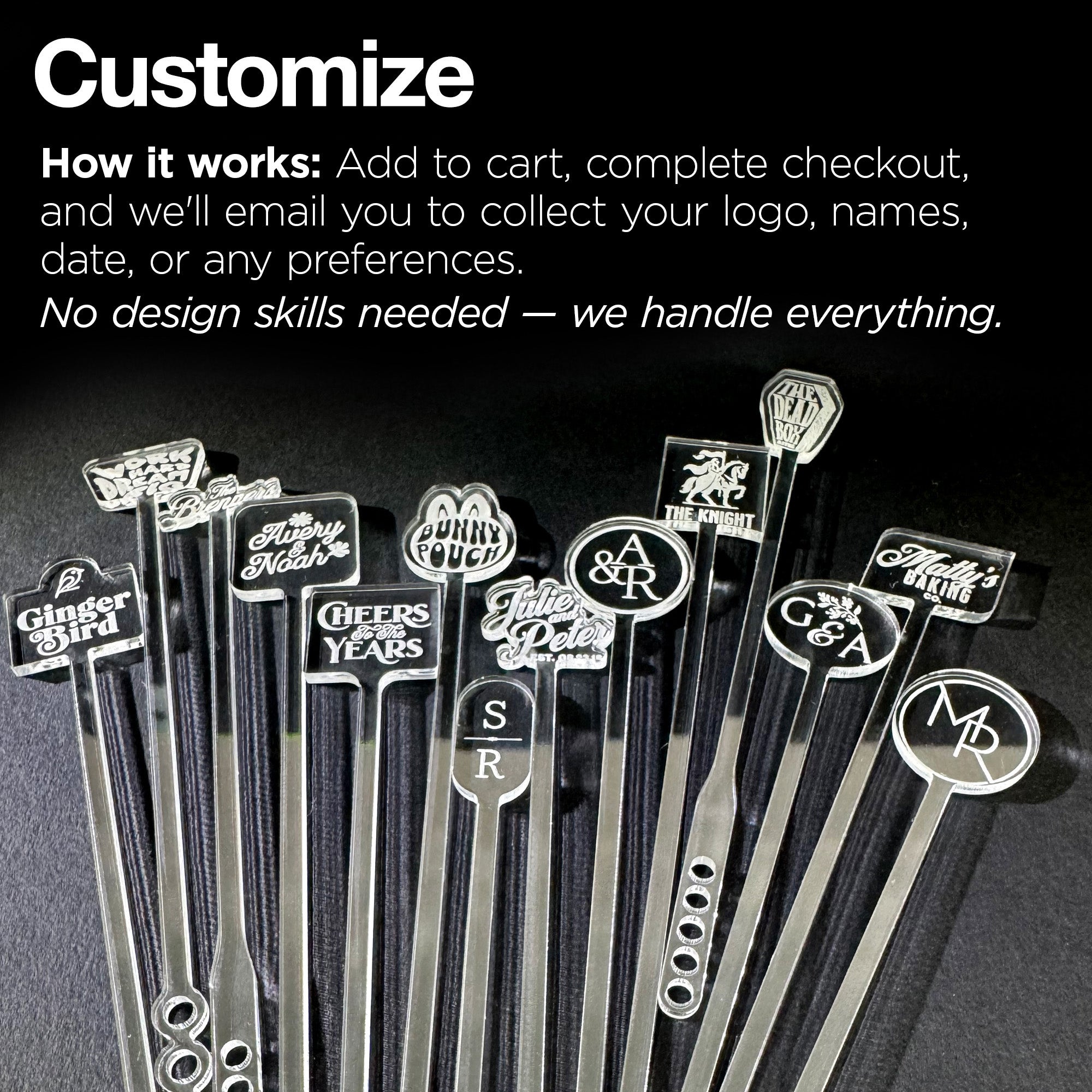 Set of personalized cocktail stirrers with various logos on a dark background